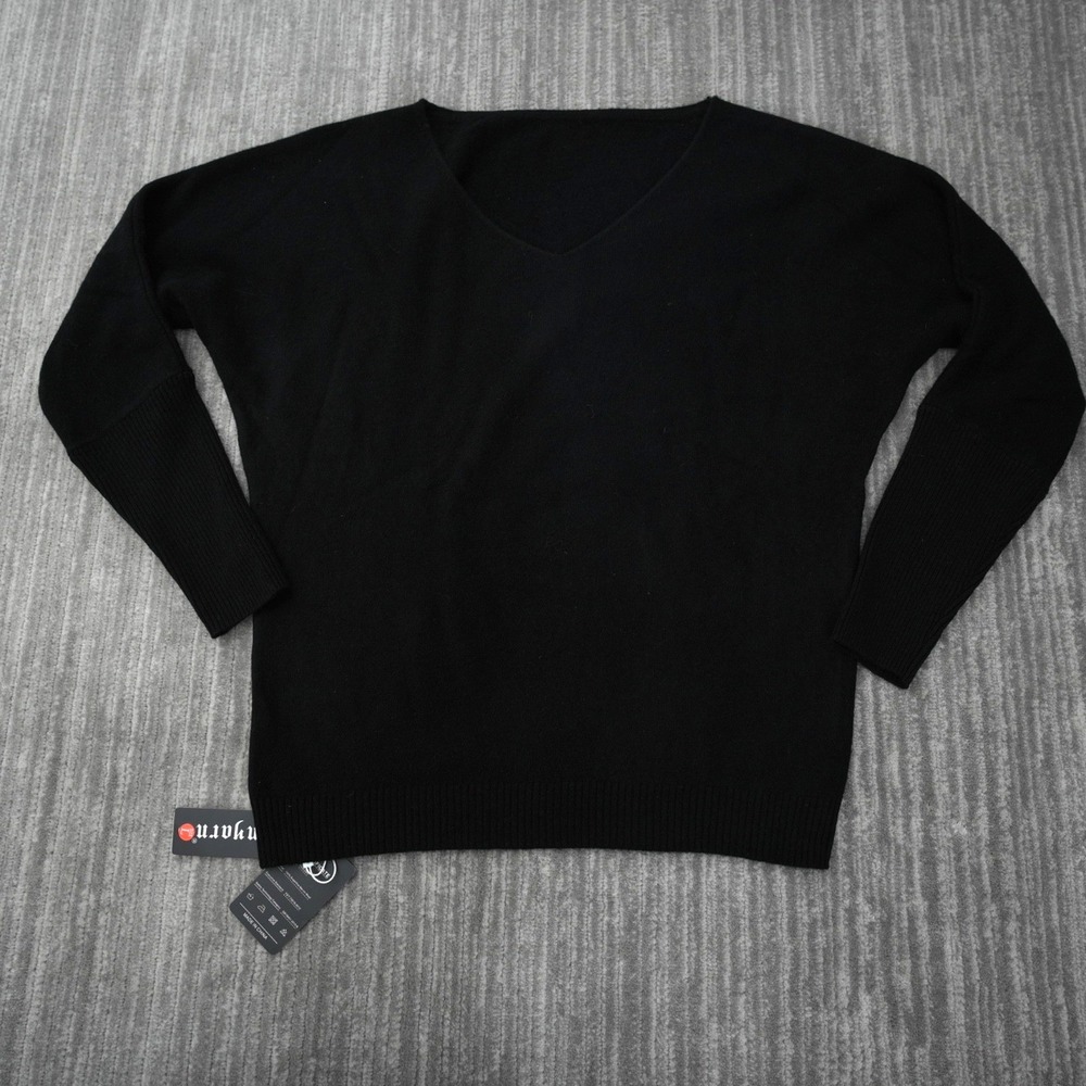 Chanyarn Sweater Women 100% Merino Wool V Neck Black Solid New With Tag Large
